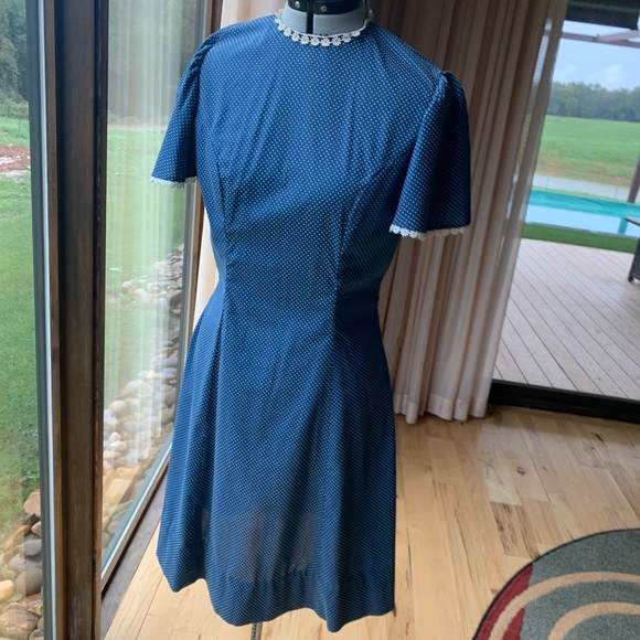 Vintage 50’s handmade tailored blue Swiss dot Day Dress Size M - Picture 2 of 7